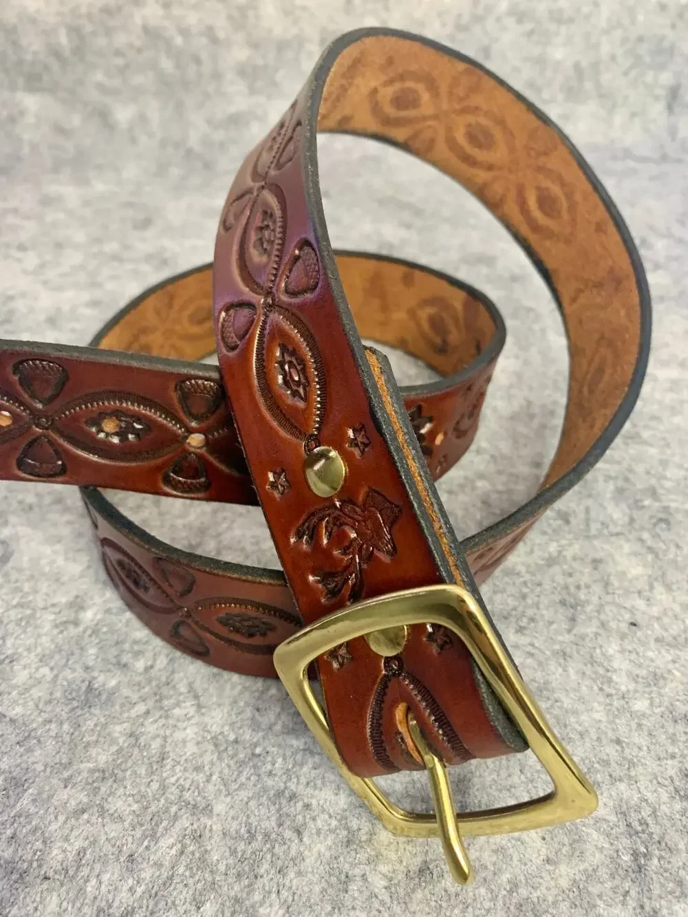 River Ridge Leather Belt, Maker Dennis Knight Tooled Brown Woodland Belt Sz 38